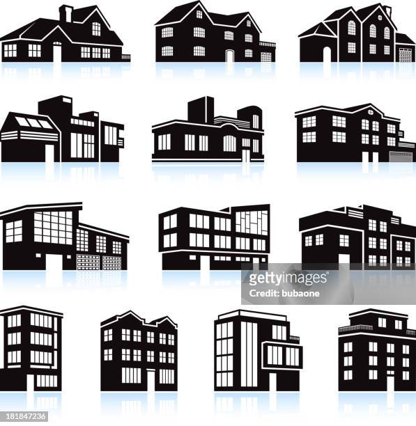 3d house and apartment complex black & white icon set - industrial loft stock illustrations