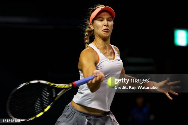 Eugenie Bouchard of Canada in action during her women's singles quarter final match against Venus Williams of the United States during day five of...