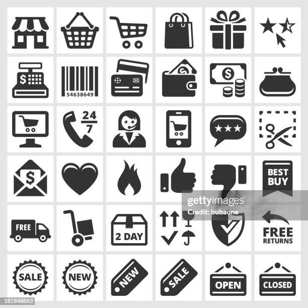 shopping and commerce black & white vector icon set - emblem credit card payment stock illustrations
