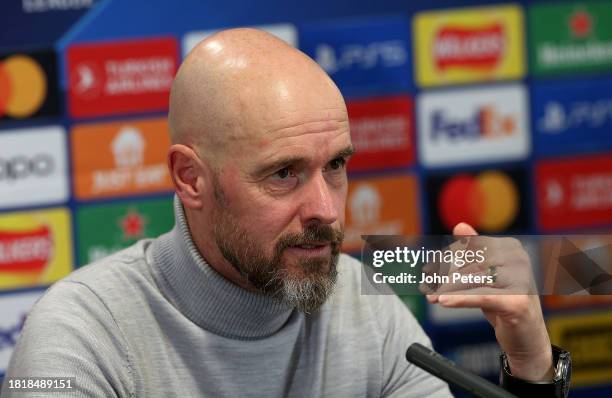 Manager Erik ten Hag of Manchester United speaks during a press conference at Carrington Training Ground on November 28, 2023 in Manchester, England.