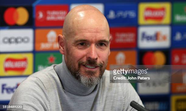 Manager Erik ten Hag of Manchester United speaks during a press conference at Carrington Training Ground on November 28, 2023 in Manchester, England.