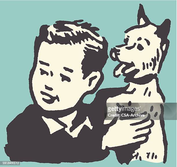 boy with cute little dog - dog stock illustrations stock illustrations