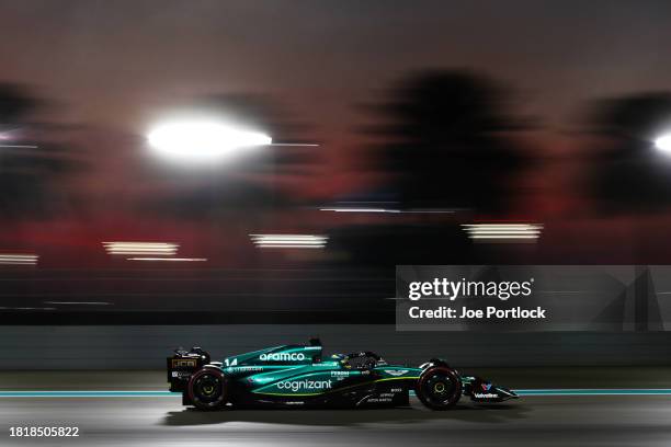 Fernando Alonso of Spain driving the Aston Martin AMR23 Mercedes on track during Formula 1 testing at Yas Marina Circuit on November 28, 2023 in Abu...