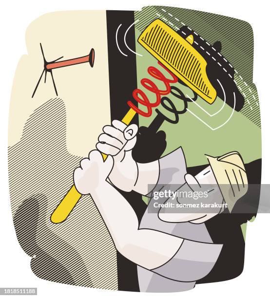 worker hammering nails into a wall with a spring hammer - hammer isolated perspective stock illustrations