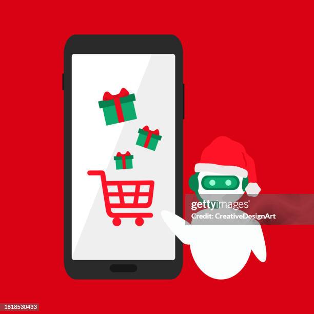 stockillustraties, clipart, cartoons en iconen met christmas online shopping concept with chatbot. chatbot wearing santa hat and helping to choose christmas gift - answering machine