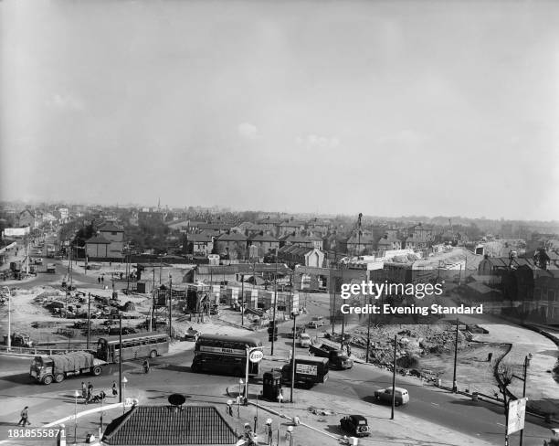 Elevated view of the Chiswick flyover under construction at Chiswick roundabout in London, April 22nd 1958.