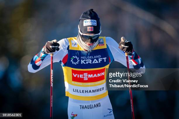 Jarl Magnus Riiber of Norway takes first place during FIS World Cup Nordic Combined Men Individual Gundersen HS138/10km on December 3, 2023 in...