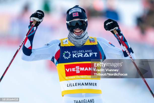 Jarl Magnus Riiber of Norway takes first place during FIS World Cup Nordic Combined Men Individual Gundersen HS138/10km on December 3, 2023 in...