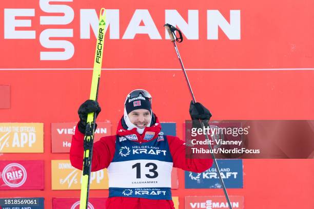 Joergen Graabak of Norway takes third place during FIS World Cup Nordic Combined Men Individual Gundersen HS138/10km on December 3, 2023 in...