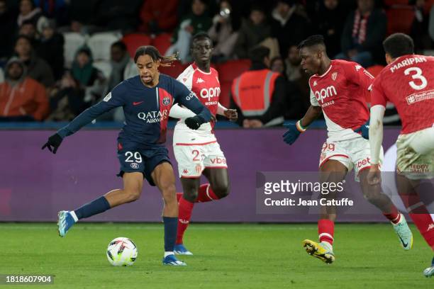 Bradley Barcola of PSG, Wilfried Singo of Monaco in action during the Ligue 1 Uber Eats match between Paris Saint-Germain and AS Monaco at Parc des...