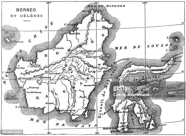 old engraved map of borneo (kalimantan, the indonesian language) the third-largest island in the world - island of borneo fotografías e imágenes de stock