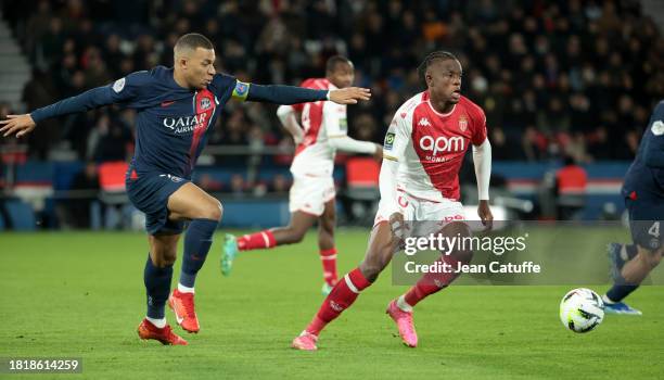 Kylian Mbappe of PSG, Denis Zakaria of Monaco during the Ligue 1 Uber Eats match between Paris Saint-Germain and AS Monaco at Parc des Princes...