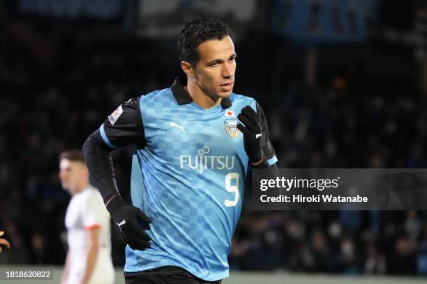 Leandro Damoao of Kawasaki Frontale celebrates scoring his team's scond goal during the AFC Champions League Group I match between Kawasaki Frontale...