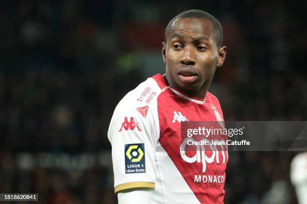 Mohamed Camara of Monaco looks on during the Ligue 1 Uber Eats match between Paris Saint-Germain and AS Monaco at Parc des Princes stadium on...