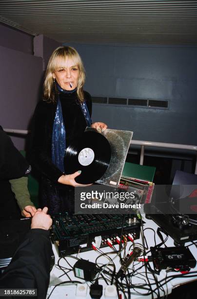The German-Italian actress Anita Pallenberg DJing at the Institute of Contemporary Arts during a book launch party for Howard Marks' 'Mr Nice',...