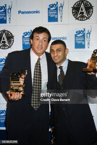 American actor Sylvester Stallone and British boxer Naseem Hamed at the Sky 'Champions of Sport' event, London Arena, January 1996.