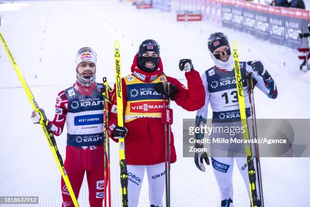 Jarl Magnus Riiber of Team Norway takes 1st place, Johannes Lamparter of Team Austria takes 2nd place, Joergen Graabak of Team Norway takes 3rd place...