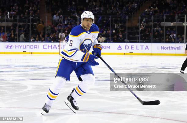 Erik Johnson of the Buffalo Sabres skates against the New York Rangers at Madison Square Garden on November 27, 2023 in New York City. The Sabres...