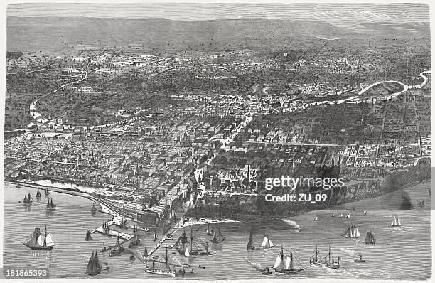 chicago before the great city fire in 1871, published 1872 - illinois aerial stock illustrations