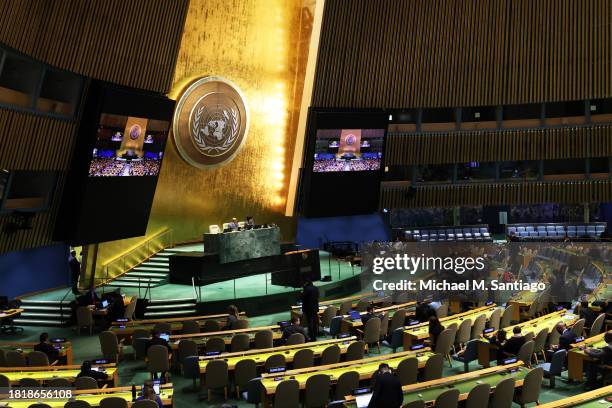 Members of the General Assembly meet for the 39th plenary meeting at the United Nations headquarters on November 28, 2023 in New York City. Members...