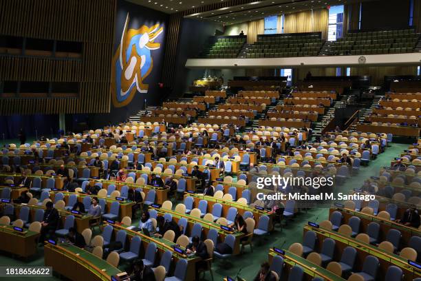 Members of the General Assembly meet for the 39th plenary meeting at the United Nations headquarters on November 28, 2023 in New York City. Members...