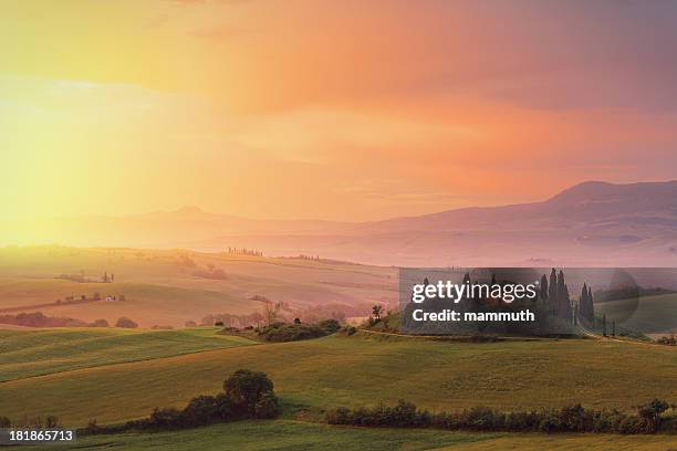 granja de toscana al atardecer - colina fotografías e imágenes de stock