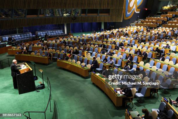 Palestinian Permanent Observer to the United Nations Riyad H. Mansour speaks during the General Assembly 39th plenary meeting at the United Nations...