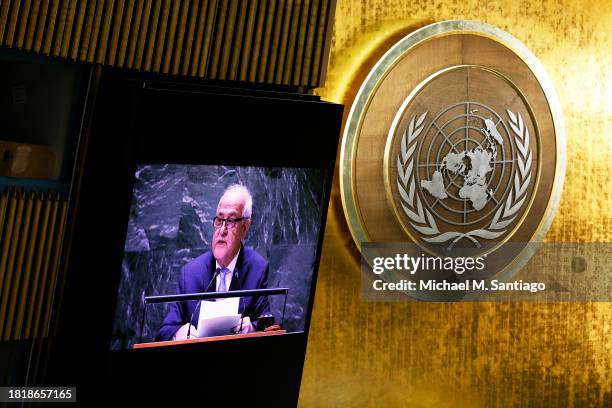 Palestinian Permanent Observer to the United Nations Riyad H. Mansour speaks during the General Assembly 39th plenary meeting at the United Nations...