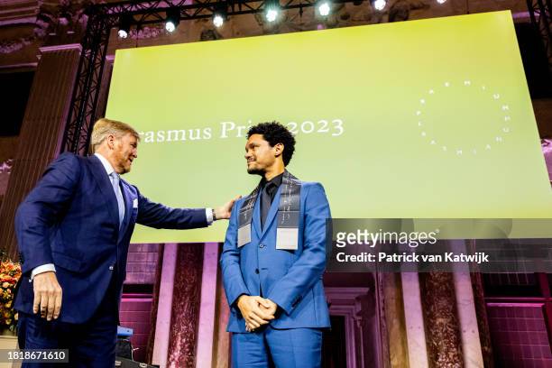 Comedian Trevor Noah receives the Erasmus Prize presented by King Willem-Alexander of The Netherlands at the Royal Palace Amsterdam on November 28,...