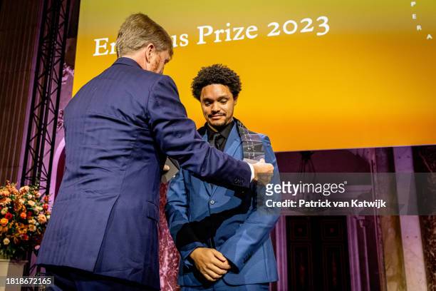 Comedian Trevor Noah receives the Erasmus Prize presented by King Willem-Alexander of The Netherlands at the Royal Palace Amsterdam on November 28,...