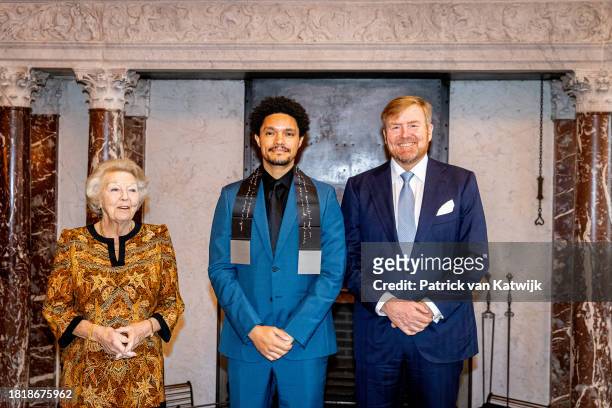 Princess Beatrix of The Netherlands, Comedian Trevor Noah and King Willem-Alexander of The Netherlands after the award ceremony of the Erasmus Prize...