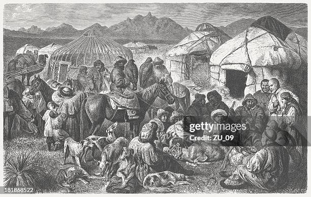 yurt camp in the kyrgyz steppe, wood engraving, published 1877 - dome tent stock illustrations