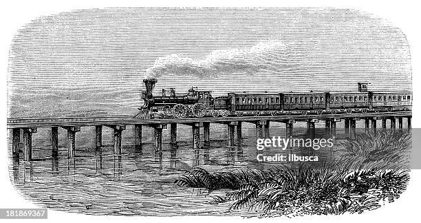 antique illustration of train on bridge - steam engine illustrations stock illustrations