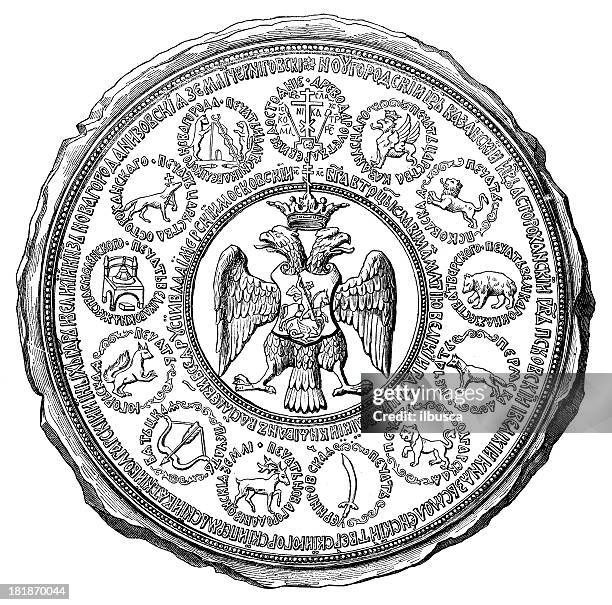 antique illustration of ivan the terrible's shield (back) - kremlin stock illustrations