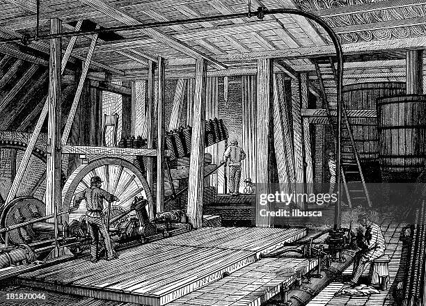 antique illustration of steam machine workers - steam machine stock illustrations