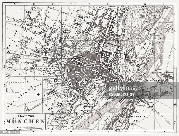 ilustraciones, imágenes clip art, dibujos animados e iconos de stock de mapa de la ciudad de munich, publicado en 1854 - stadtzentrum