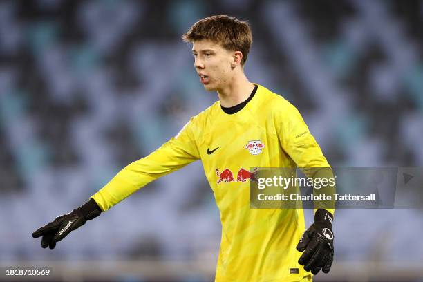 Timo Schlieck of RB Leipzig reacts during the UEFA Youth League 2023/24 match between Manchester City and RB Leipzig at Joie Stadium on November 28,...