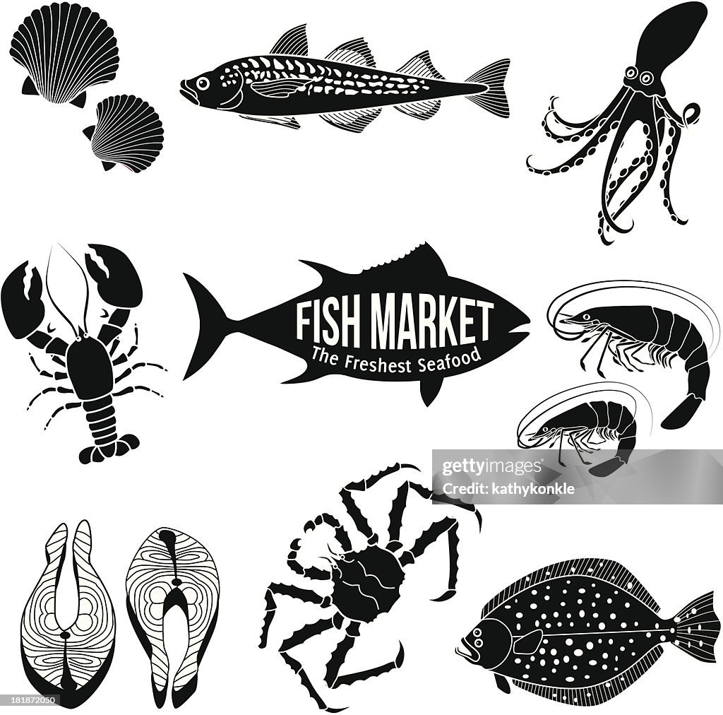 Black icons of various seafood on black background