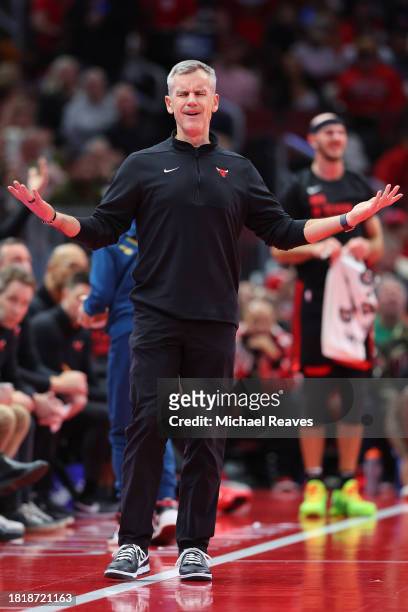 Head coach Billy Donovan of the Chicago Bulls reacts against the Brooklyn Nets in the second half of the NBA In-Season Tournament at the United...