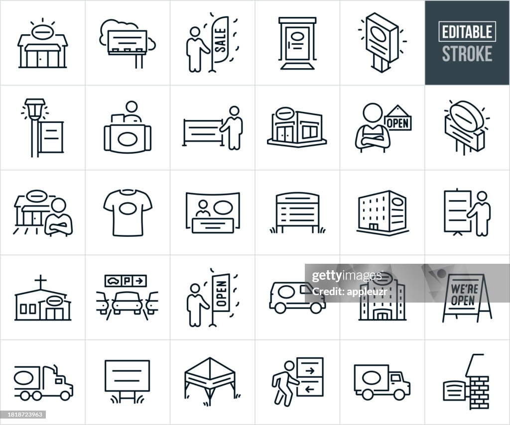 Banners, Signs And Advertising Thin Line Icons - Editable Stroke