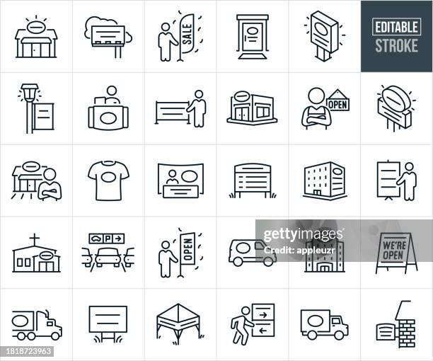 banners, signs and advertising thin line icons - editable stroke - digital signage display stock illustrations