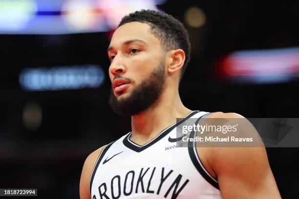 Ben Simmons of the Brooklyn Nets looks on against the Chicago Bulls in the first half of the NBA In-Season Tournament at the United Center on...