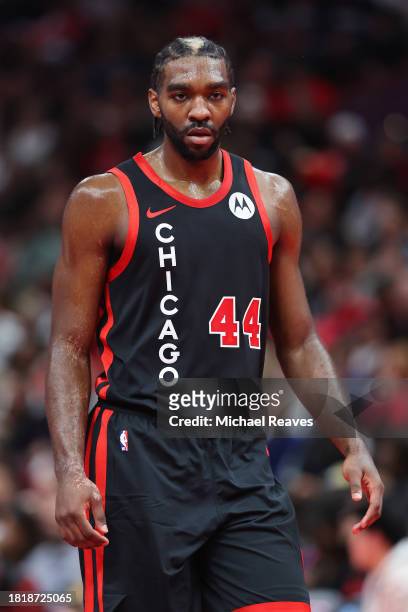Patrick Williams of the Chicago Bulls looks on against the Brooklyn Nets in the first half of the NBA In-Season Tournament at the United Center on...