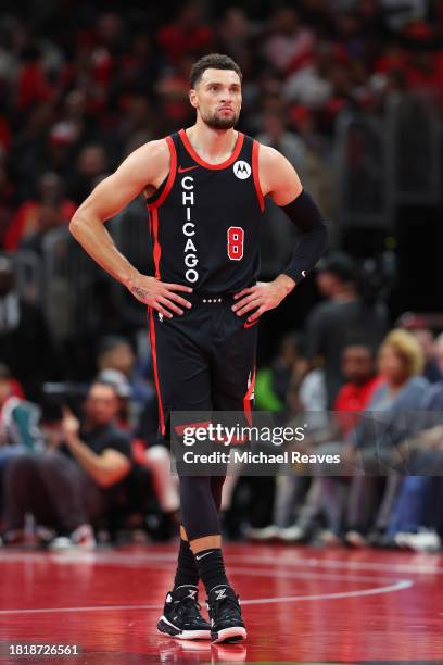 Zach LaVine of the Chicago Bulls reacts against the Brooklyn Nets in the first half of the NBA In-Season Tournament at the United Center on November...