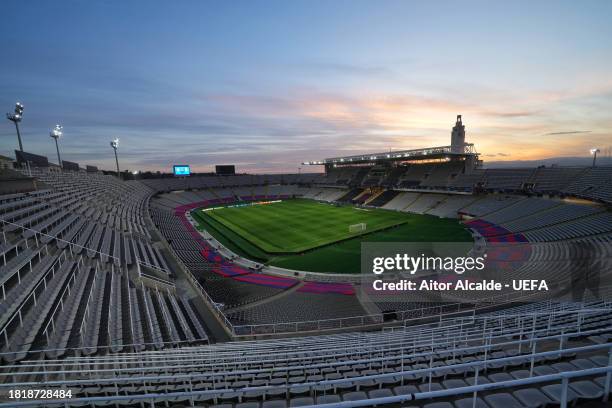 General view inside the stadium prior to the UEFA Champions League match between FC Barcelona and FC Porto at Estadi Olimpic Lluis Companys on...