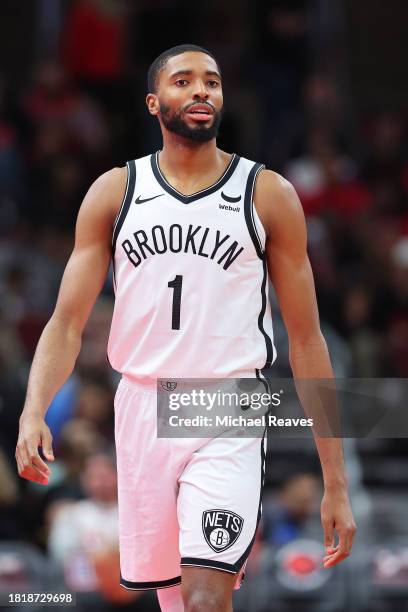 Mikal Bridges of the Brooklyn Nets looks on against the Chicago Bulls in the second half of the NBA In-Season Tournament at the United Center on...