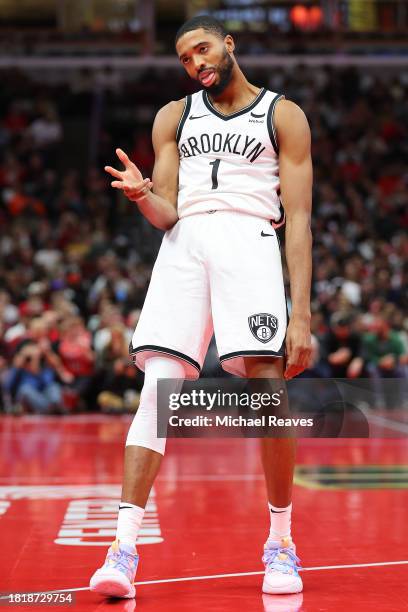 Mikal Bridges of the Brooklyn Nets celebrates a three pointer against the Chicago Bulls in the second half of the NBA In-Season Tournament at the...