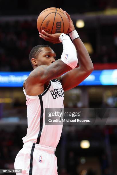 Lonnie Walker IV of the Brooklyn Nets shoots a three pointer against the Chicago Bulls in the second half of the NBA In-Season Tournament at the...