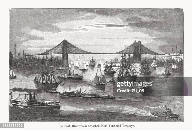 ilustraciones, imágenes clip art, dibujos animados e iconos de stock de puente de brooklyn, nueva york, ee.uu., grabado en madera, publicado en 1894 - brooklyn bridge