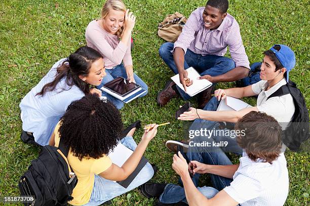 freunde studieren auf gras - mann lässig gras sitzen stock-fotos und bilder